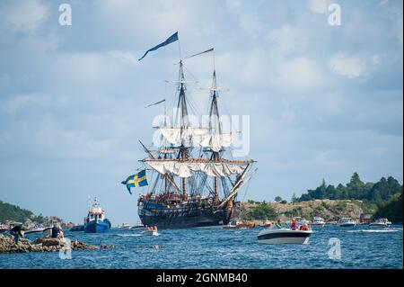 Farsund, Norwegen - Juli 19 2009: Ost-Indiaman Replik Gotheburg Ankunft.. Stockfoto