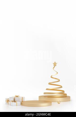Weihnachts Spirale Baum und Geschenke herum auf Winter weiß Studio Hintergrund. 3D-Rendering Stockfoto
