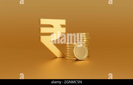 Indische Rupie Geld-Symbol neben Stapel von Goldmünzen auf einem goldenen Hintergrund. Geldwechsel. 3d-Rendering. Stockfoto