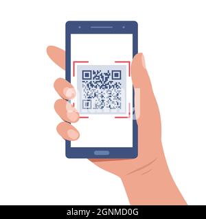 Die Hand hält ein Smartphone mit einem QR-Code auf dem Bildschirm. Scannen von QR-Codes oder Erfassen von Mobiltelefonen. Symbolerkennung oder Lesen des qr-Codes. Vektorgrafiken Stock Vektor