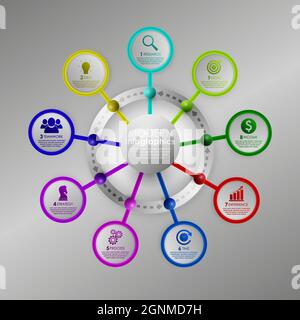 EPS10 Vektorgrafik. Business-Infografik-Prozess mit realistischen Elementen. Design der Impact-Vorlage mit Symbolen und 9 Schritten. Stock Vektor