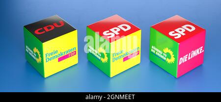 Drei Würfel zeigen mögliche Koalitionen in der deutschen Politik: Jamaika, Ampelfarben und rot-rot-grüne Koalitionen, benannt nach den Farben des Teils Stockfoto