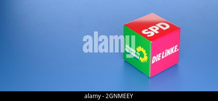 Logos der deutschen Parteien SPD, die Grünen, die Linke, die bei der Bundestagswahl die sogenannte rot-grüne Koalition bilden könnten. Stockfoto