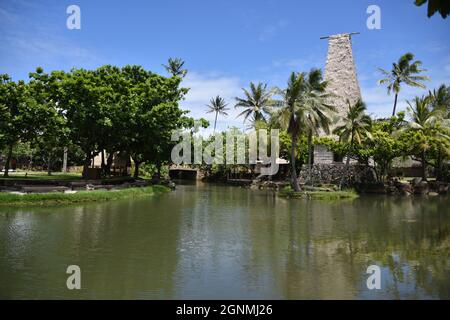 Oahu HI USA 6/3-4/2021. Polynesisches Kulturzentrum. Eröffnet Am 10/12/1963. Polynesische Inseln: Samoa, Aotearoa, Fidschi, Hawaii, Tahiti und Tonga. Geschäfte Stockfoto