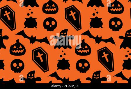 Nahtlos wiederholendes Muster mit Halloween-Symbolen. Design von Silhouetten für den Urlaub Halloween. Für Postkarte, Stoff, Banner, Vorlage, Verpackung Stock Vektor