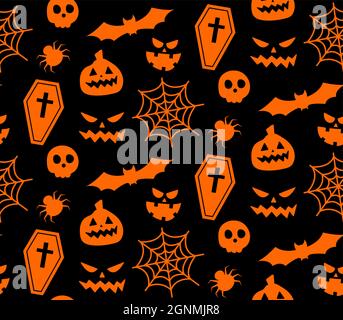 Nahtlos wiederholendes Muster mit Halloween-Symbolen. Design von Silhouetten für den Urlaub Halloween. Für Postkarte, Stoff, Banner, Vorlage, Verpackung Stock Vektor