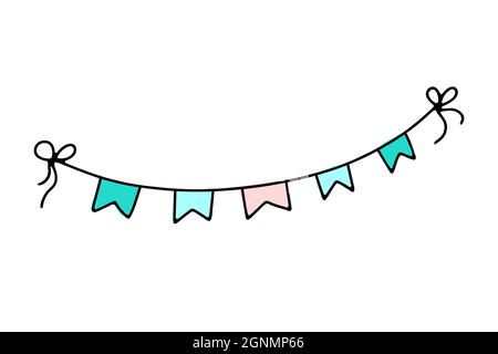 Dekorative Ziergirlande mit Doodle. Handgezeichnetes blaues Festoon isoliert auf weißem Hintergrund. Umreißen Sie festliche Dekoration mit Fahnen, Band, Schleifen. Vektorgrafik Stock Vektor