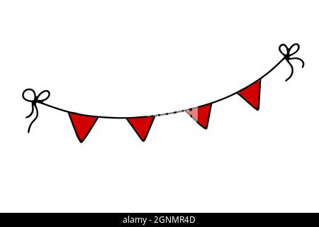 Dekorative Ziergirlande mit Doodle. Handgezeichnetes rotes Festoon isoliert auf weißem Hintergrund. Umreißen Sie festliche Dekoration mit Fahnen, Band, Schleife. Vektordarstellung Stock Vektor