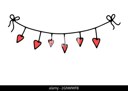 Doodle Valentinstag Thread Girlande. Handgezeichnetes, auf weißem Hintergrund isoliertes Festoon. Farbe festliche Dekoration mit Herzen, Bändern, Schleifen. Vektorgrafiken Stock Vektor