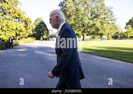 US-Präsident Joe Biden kehrt am 26. September 2021 vom Lager David in Washington, DC, USA, ins Weiße Haus zurück. Stockfoto