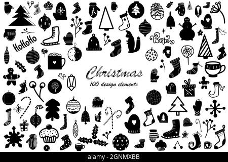 Weihnachten handgezeichnete 100 Design-Elemente Set Vektor-Illustration. Winter Skizze Kollektion Strumpf Stechpalme Mistel Lebkuchen Fäustling Süßrohr Kiefer Stock Vektor