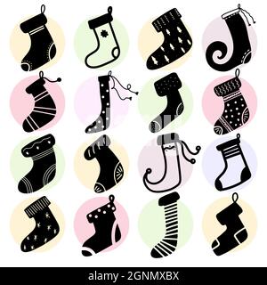 Schwarzer Weihnachtsstrumpf Weihnachtsmann Socken handgezeichnete Design-Elemente Vektor-Illustration. Kalligraphie Urlaub Neujahr Ikone Set Winter mit Tannenbaum Stock Vektor