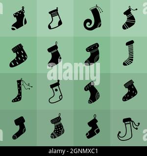 Weihnachtsstrumpf Nahtloses Muster grüne Weihnachtsmann Socken Illustration Grafik Design Element Set. Schwarze Weihnachten Socke Geschenk präsent Schuhe. Kalligraph Stock Vektor