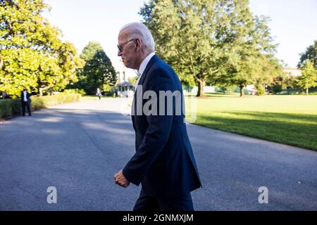 US-Präsident Joe Biden kehrt vom Lager David in Washington, DC, USA, ins Weiße Haus zurück. September 2021. Quelle: SIPA USA/Alamy Live News Stockfoto