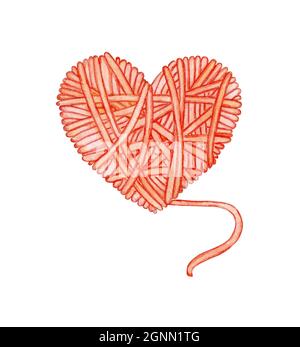 Aquarell-Illustration eines roten Fadensteines in Form eines Herzens. Logo für Stricker. Handarbeit, Kreativität, Fäden, ein Garnknäuel. Favorit Stockfoto