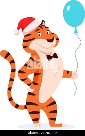 Flacher entzückender lächelnder Tiger mit blauem Ballon. Stock Vektor