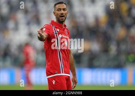 Turin, Italien, 26. September 2021. Fabio Quagliarella von UC Sampdoria reagiert während des Serie-A-Spiels im Allianz-Stadion in Turin. Bildnachweis sollte lauten: Jonathan Moscrop / Sportimage Kredit: Sportimage/Alamy Live News Stockfoto