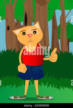 Lustige Cartoon Katze macht Daumen nach oben Zeichen. Vektorgrafik. Niedliches orangefarbenes, gelbhaariges junges Kätzchen. Stock Vektor