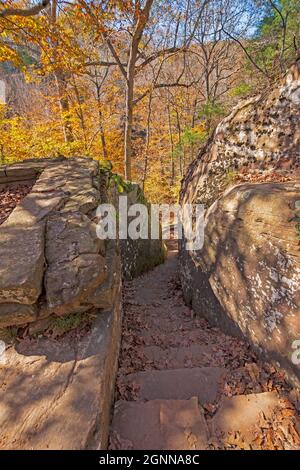 Hand Cut Stairway Between the Rocks in der Bell Smith Springs Scenic Area in Illinois Stockfoto