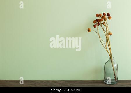 Vase mit trockenen Blumen auf Holztisch. Grüner Wandhintergrund Stockfoto
