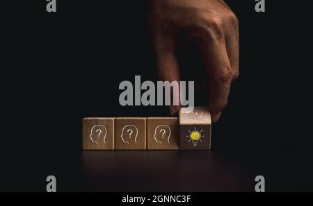 Innovation, Fazit, intelligentes Lernen, Wissen und kreatives Ideenkonzept. Nahaufnahme der Hand, die über einen Holzwürfelblock mit dem menschlichen Symbol des Kopfes und dreht Stockfoto