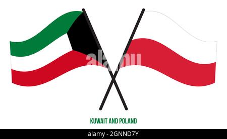 Kuwait und Polen Flaggen gekreuzt und winken Flat Style. Offizieller Anteil. Korrigieren Sie Die Farben. Stock Vektor