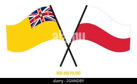 Niue und Polen Flaggen gekreuzt und winken Flat Style. Offizieller Anteil. Korrigieren Sie Die Farben. Stock Vektor