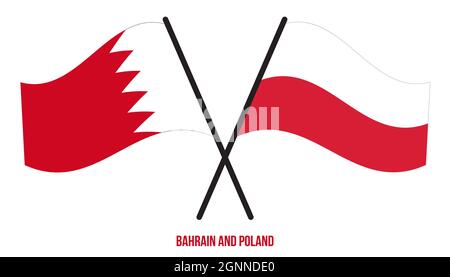 Bahrain und Polen Flaggen gekreuzt und winkend Flat Style. Offizieller Anteil. Korrigieren Sie Die Farben. Stock Vektor