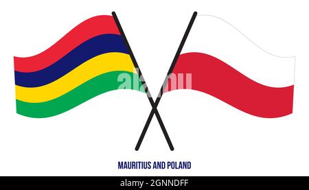 Mauritius und Polen Flaggen gekreuzt und winkend Flat Style. Offizieller Anteil. Korrigieren Sie Die Farben. Stock Vektor