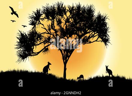 Ein Pandanusbaum mit Kängurus und Vögeln Stock Vektor