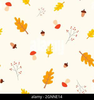 Nahtloses Herbstmuster mit Blättern, Pilzen, Zweigen und Beeren. Hintergrund für Textil, Buchcover, Tapeten, Design, Grafik, Drucken Stock Vektor