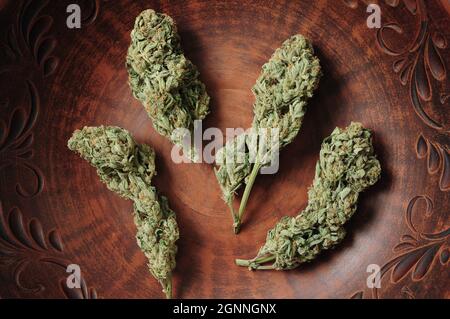 Cannabisknospen in brauner Tonschale, flacher Lat, Draufsicht. Marihuana-Blüten aus nächster Nähe. Hanf Erholung, Canna Küche, Legalisierungskonzept. Stockfoto