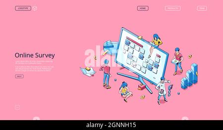 Online-Umfrage isometrische Landing Page, kleine Menschen füllen Online-Formular auf riesigen pc-Desktop mit Aufgabe, Quiz oder Prüfung Checkliste auf dem Bildschirm, Fragebogen Ergebnisse oder Internet-Test 3d-Vektor-Linie Kunst Web-Banner Stock Vektor