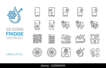 Linearer Symbolvektor für Kühlschrank eingestellt. Frosten, intelligente Konservierung, gekühlte Lebensmittel aufbewahren. Stock Vektor