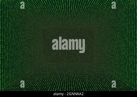 3D Grid Perspective-Raum im Stil der Matrix-Technologie. Virtual-Reality-Tunnel oder Wurmloch. Abstrakter binärer Computercode-Hintergrund Stock Vektor