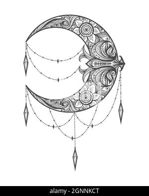 Tattoo of Crescent Moon gezeichnet im Zentangle Stil. Vektortätowierung. Stock Vektor