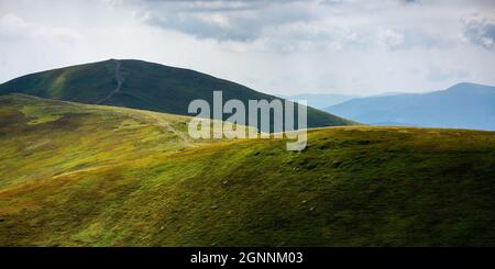 Sanfte Hügel der borzhava Berge. Weg durch die Spitze des Grats. Schöne Naturlandschaft mit grasbewachsenen Hängen in getupftem Licht. Wunderbarer Sommer Stockfoto