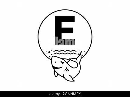Schwarze Linienkunst-Illustration des Hais mit E-Anfangsbuchstaben Stock Vektor