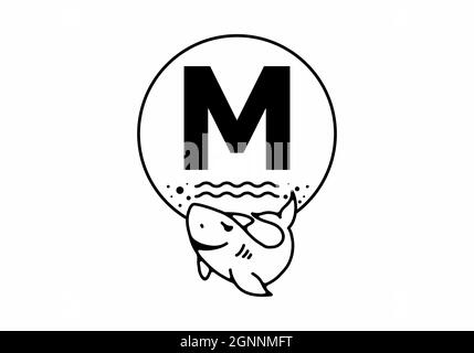 Schwarze Linienkunst-Illustration des Hais mit M-Anfangsbuchstaben Stock Vektor