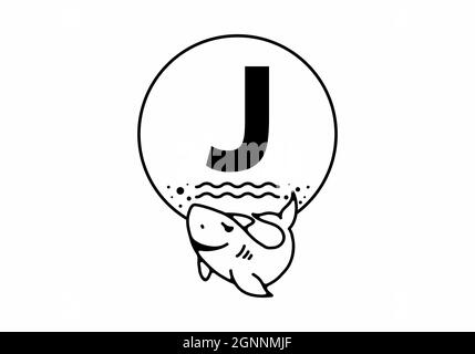 Schwarze Linienkunst-Illustration des Hais mit J-Anfangsbuchstaben Stock Vektor