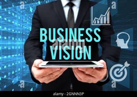 Schreiben mit Anzeige von Text Business Vision. Internet-Konzept Wachstum Ihres Unternehmens in der Zukunft basierend auf Ihren Zielen man in Office Uniform Holding Tablet Stockfoto