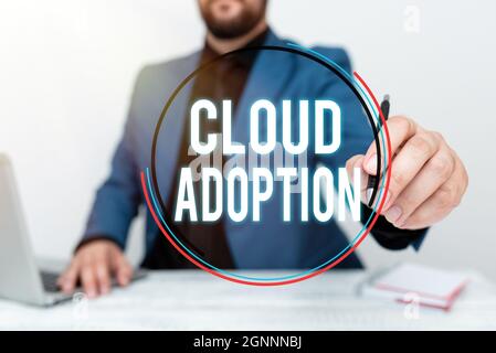 Konzeptunterschrift Cloud Adoption. Wort geschrieben über strategische Bewegung von Unternehmen zur Reduzierung von Kosten und Risiken Remote Office Work Online-Präsentation Stockfoto