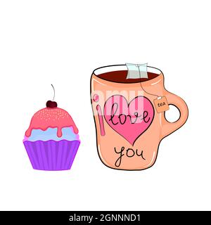 Teebecher und Cupcake mit Kirschen. Doodle-Stil. Vektorgrafik. Stock Vektor