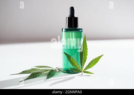 CBD-Gesichtsöl mit Cannabisextrakt für eine natürliche Hautbehandlung. Natürliches pflanzliches Kosmetik-, Hautbehandlungskonzept. Marihuana-Blätter neben grüner Flasche. Stockfoto