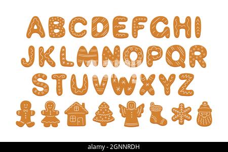 Alphabet von Lebkuchengebäck und dekorierten Cookie-Formen. Cartoon Alphabet für Weihnachten Neujahr. Lebkuchenmann, Frau, Haus, Baum. Von Hand gezeichnet Stock Vektor