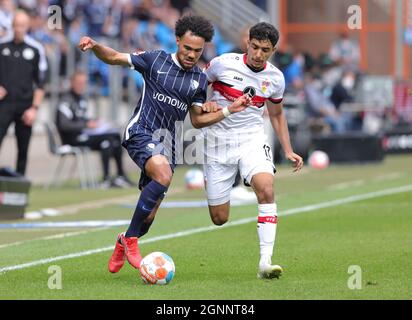 Stadt Bochum, Deutschland. 26. Sep, 2021. firo: 26.09.2021, Fuvuball, 1. Bundesliga, Saison 2021/2022, VfL Bochum - VfB Stuttgart 0: 0 Herbert BOCKHORN, Bochum links gegen MARMOUSE/dpa/Alamy Live News Stockfoto