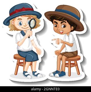 Eine Sticker-Vorlage von Jungen und Mädchen Cartoon Figur Illustration Stock Vektor