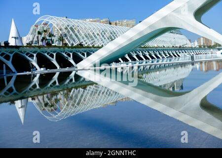 Reflexion im Wasser Spanien Valencia Stadt der Künste und Wissenschaften Valencia Spanien Moderne Architektur von Calatrava Stockfoto