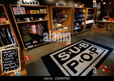 Sub Pop Records, 2130 7. Ave, Seattle, Washington. Einrichtung eines Pop-up-Labels im Stadtteil South Lake Union. Stockfoto