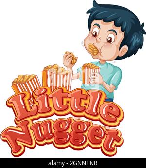 Little Nugget Logo Text-Design mit einem Jungen essen Huhn Nuggets Illustration Stock Vektor